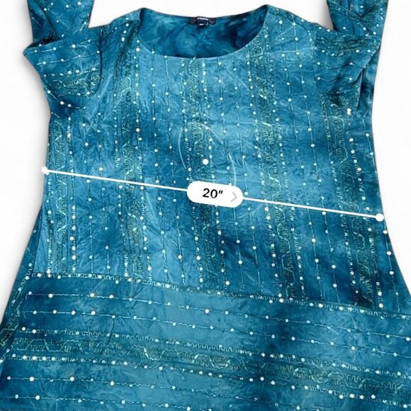 3/$15 Y2K vintage Blue-green sequin top with long sleeves womens 1x 2000s - Picture 6 of 7